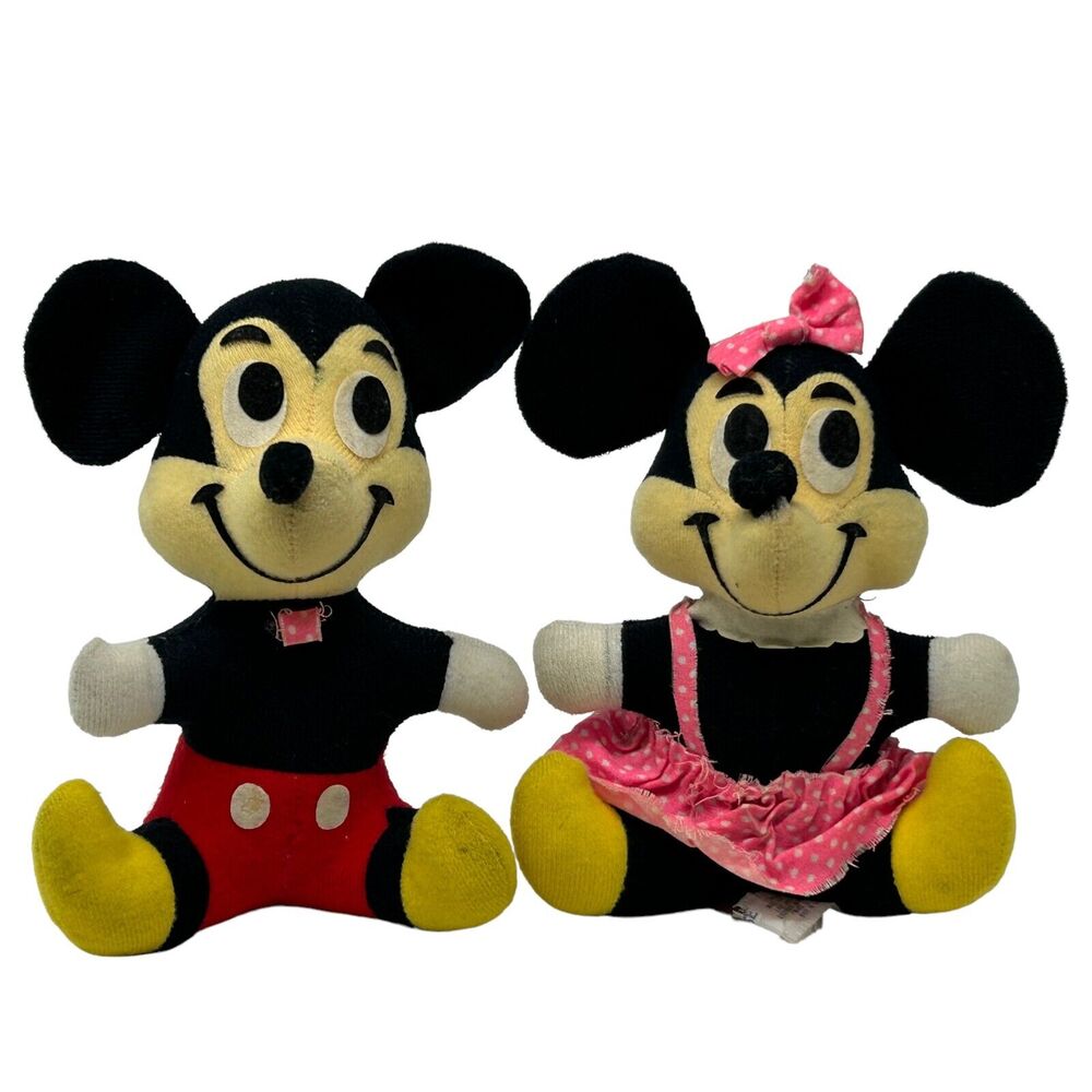 Vintage 70s Lot of Mickey and Minnie Mouse Plush Stuffed Animal Walt Disney 7"